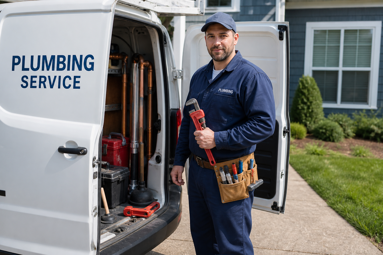 Plumber in work uniform with service van and plumbing tools